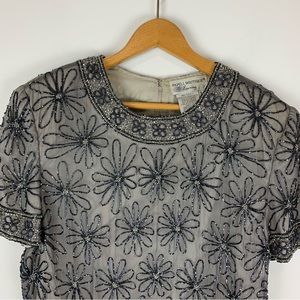 Vintage Papell Boutique Evening Silk Sequin Vintage Flower Blouse Size Large